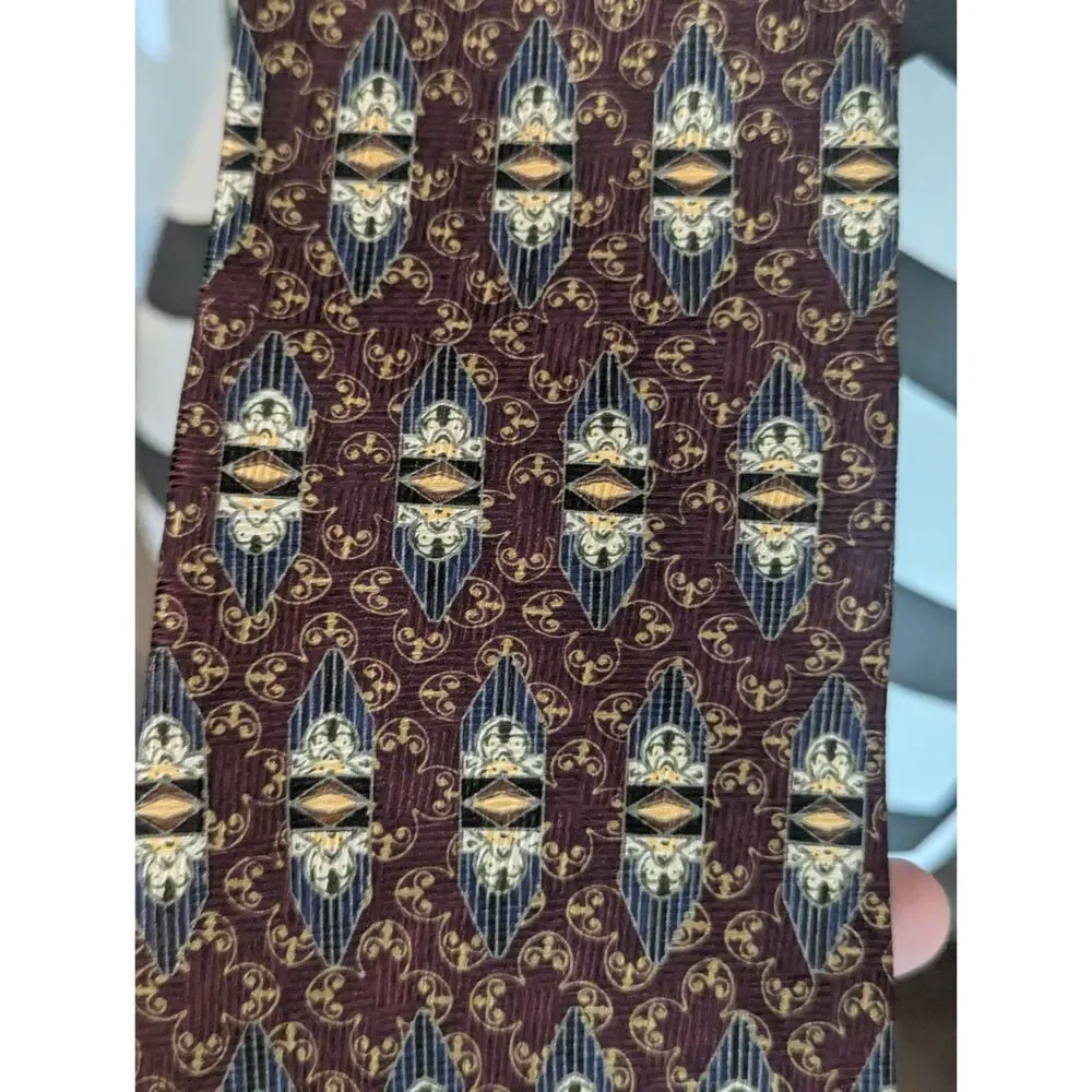 Bill Blass Black Label Silk Tie Burgundy Gold Blue Geometric Pattern Mens Formal
